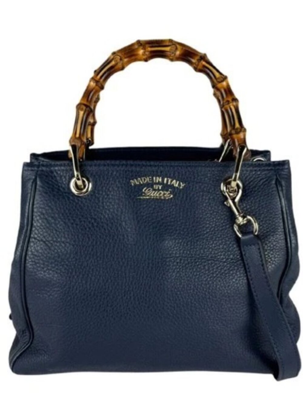 Auth GUCCI Bamboo Handbag Shoulder Bag Navy Leather - z11055